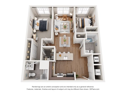 Floor plan for 2 beds, 2 baths, 938 sqft